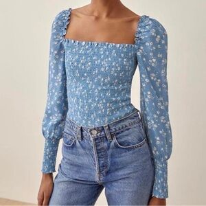 Reformation Blue Floral Smocked Blouse
